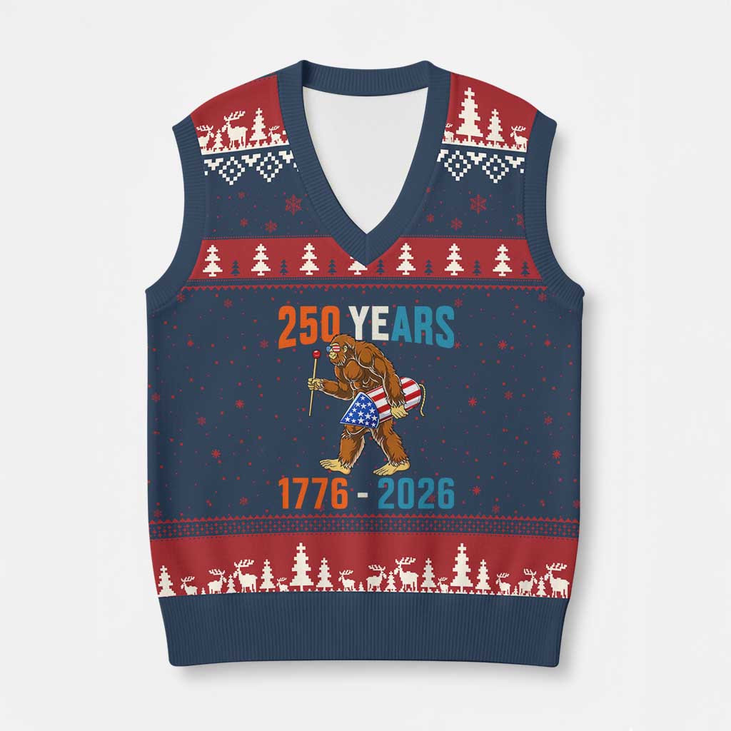 250th Anniversary USA Bigfoot V-Neck Knit Sweater Vest Funny Sasquatch American Flag Fireworks Fourth of July TS14 Navy Red Print Your Wear