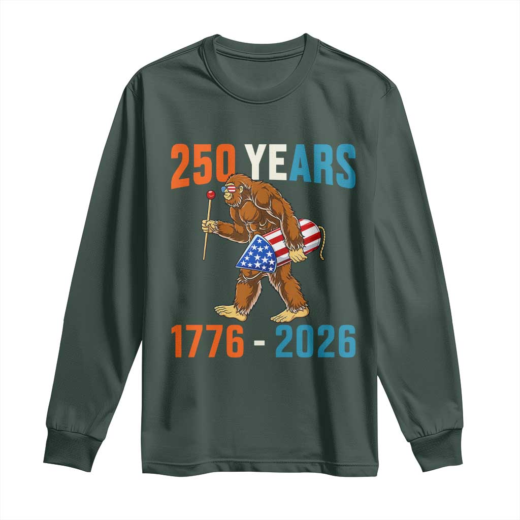 250th Anniversary USA Bigfoot Long Sleeve Shirt Funny Sasquatch American Flag Fireworks Fourth of July TS14 Dark Forest Green Print Your Wear