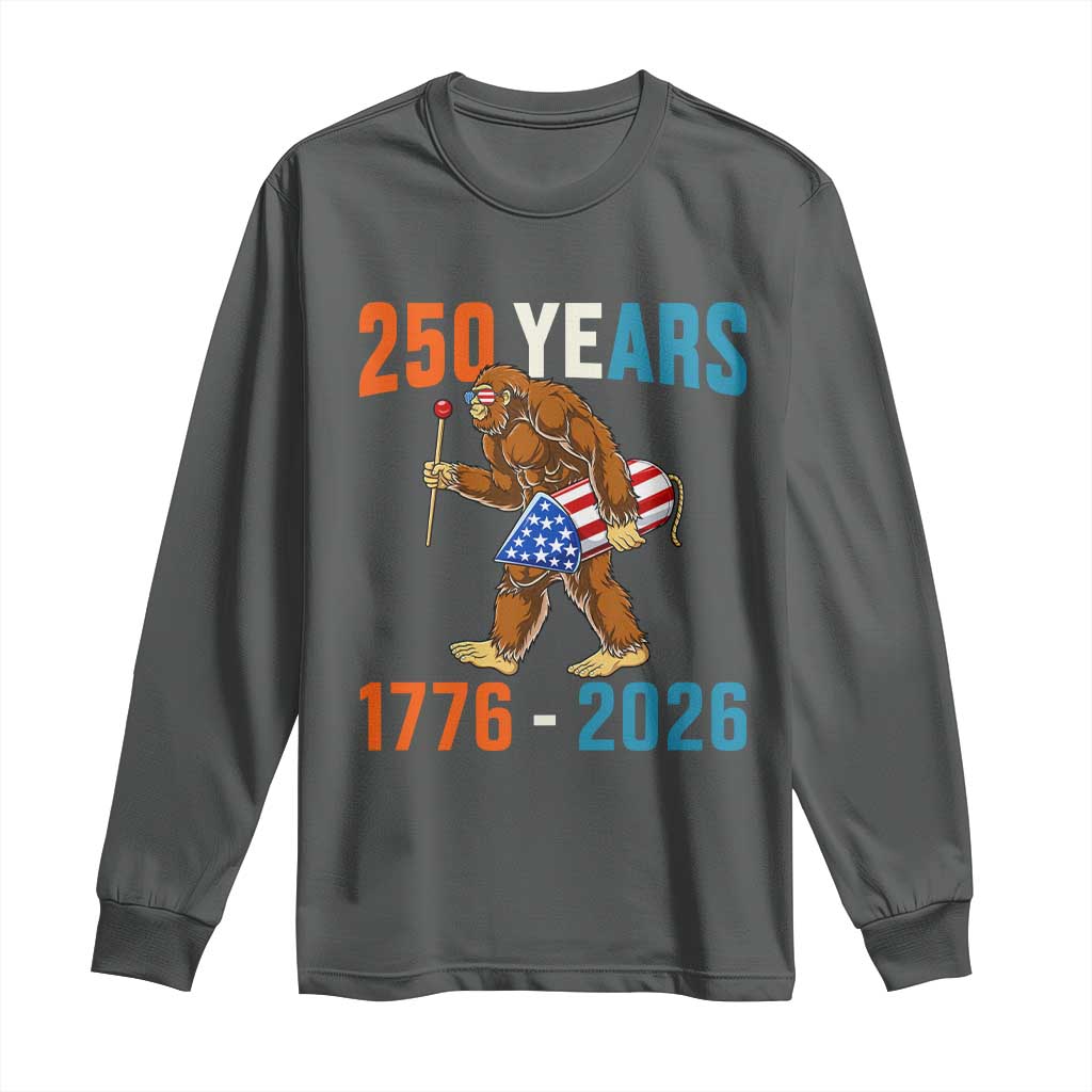 250th Anniversary USA Bigfoot Long Sleeve Shirt Funny Sasquatch American Flag Fireworks Fourth of July TS14 Dark Heather Print Your Wear