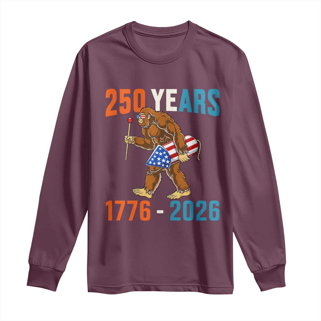 250th Anniversary USA Bigfoot Long Sleeve Shirt Funny Sasquatch American Flag Fireworks Fourth of July TS14 Maroon Print Your Wear