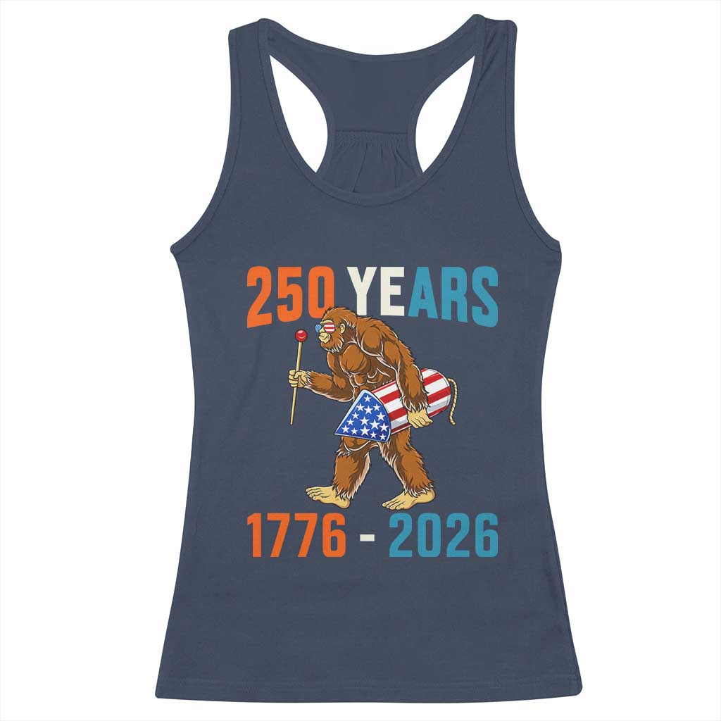 250th Anniversary USA Bigfoot Racerback Tank Top Funny Sasquatch American Flag Fireworks Fourth of July TS14 Navy Print Your Wear