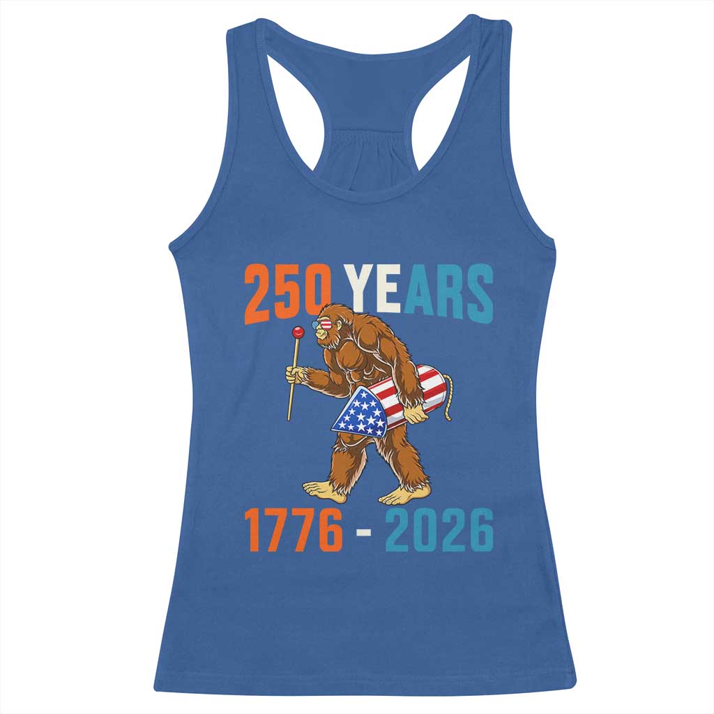 250th Anniversary USA Bigfoot Racerback Tank Top Funny Sasquatch American Flag Fireworks Fourth of July TS14 Royal Blue Print Your Wear