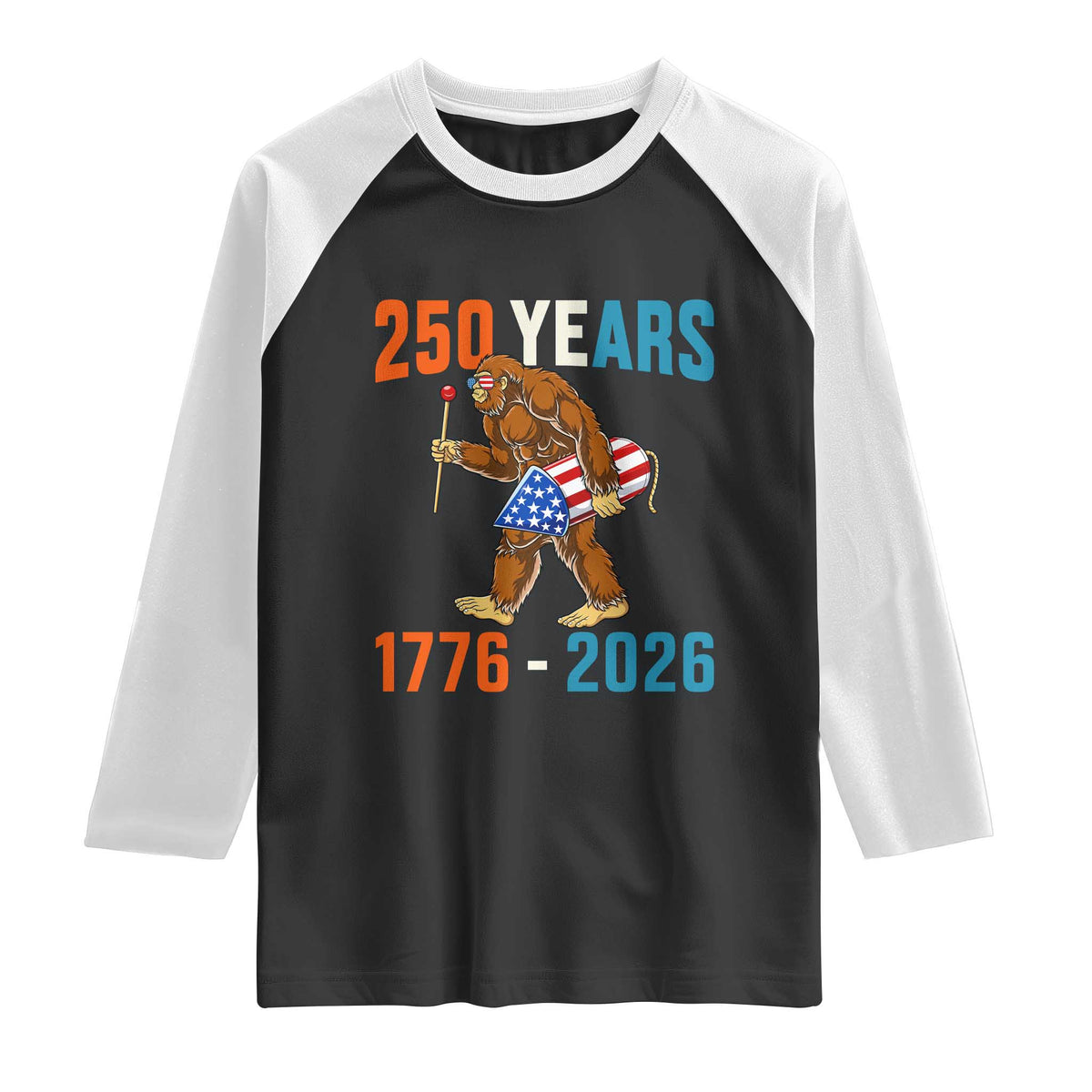 250th Anniversary USA Bigfoot Raglan Shirt Funny Sasquatch American Flag Fireworks Fourth of July TS14 Black White Print Your Wear