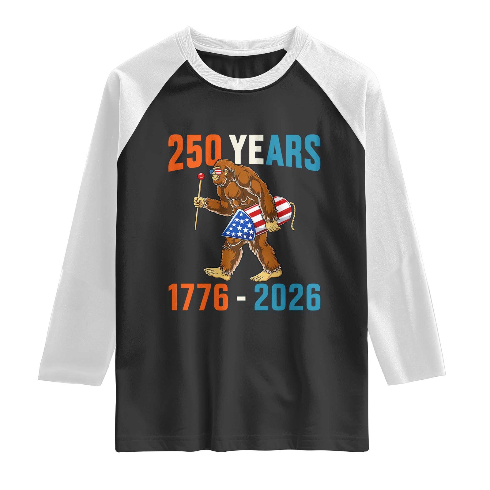 250th Anniversary USA Bigfoot Raglan Shirt Funny Sasquatch American Flag Fireworks Fourth of July TS14 Black White Print Your Wear