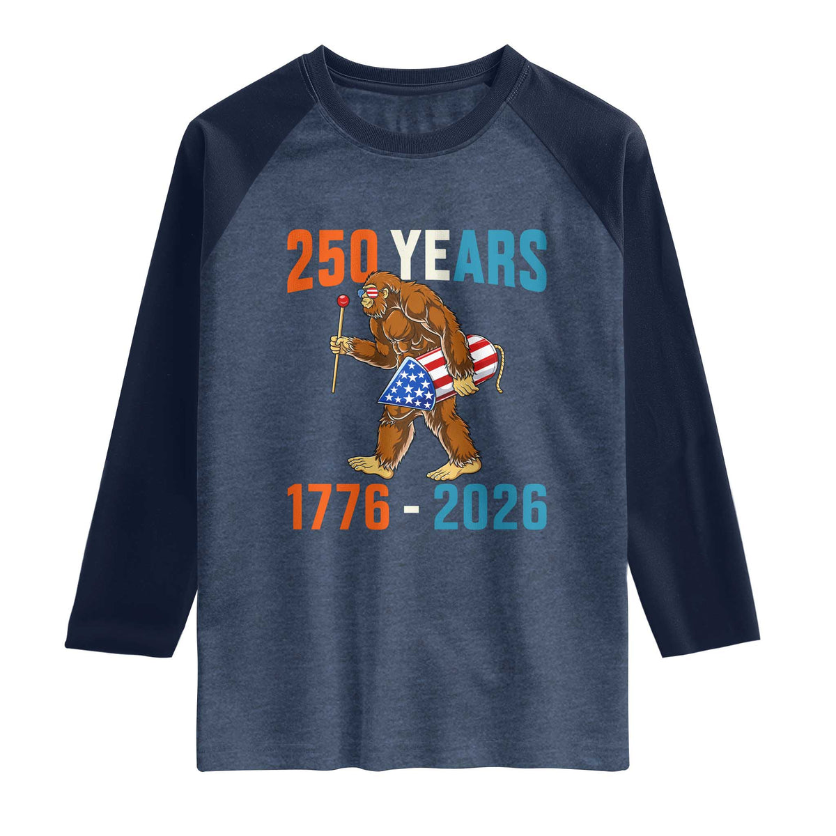 250th Anniversary USA Bigfoot Raglan Shirt Funny Sasquatch American Flag Fireworks Fourth of July TS14 Heather Denim Navy Print Your Wear