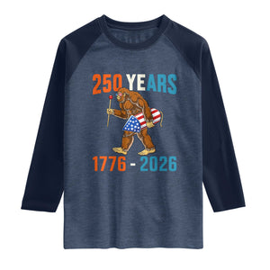 250th Anniversary USA Bigfoot Raglan Shirt Funny Sasquatch American Flag Fireworks Fourth of July TS14 Heather Denim Navy Print Your Wear