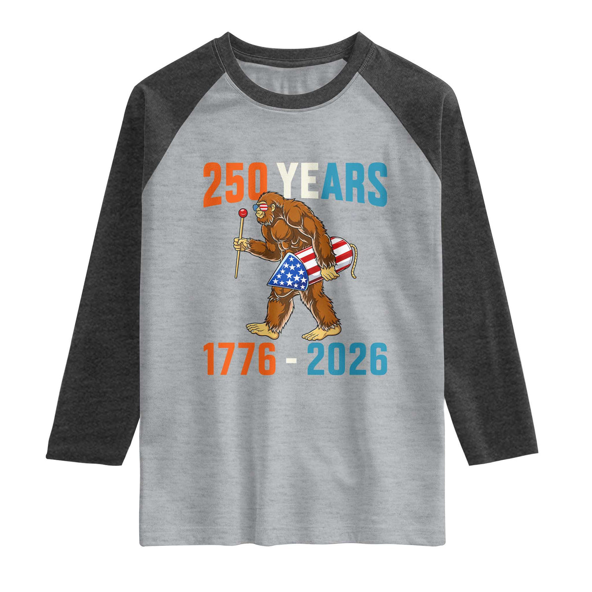 250th Anniversary USA Bigfoot Raglan Shirt Funny Sasquatch American Flag Fireworks Fourth of July TS14 Heather Gray Heather Charcoal Print Your Wear