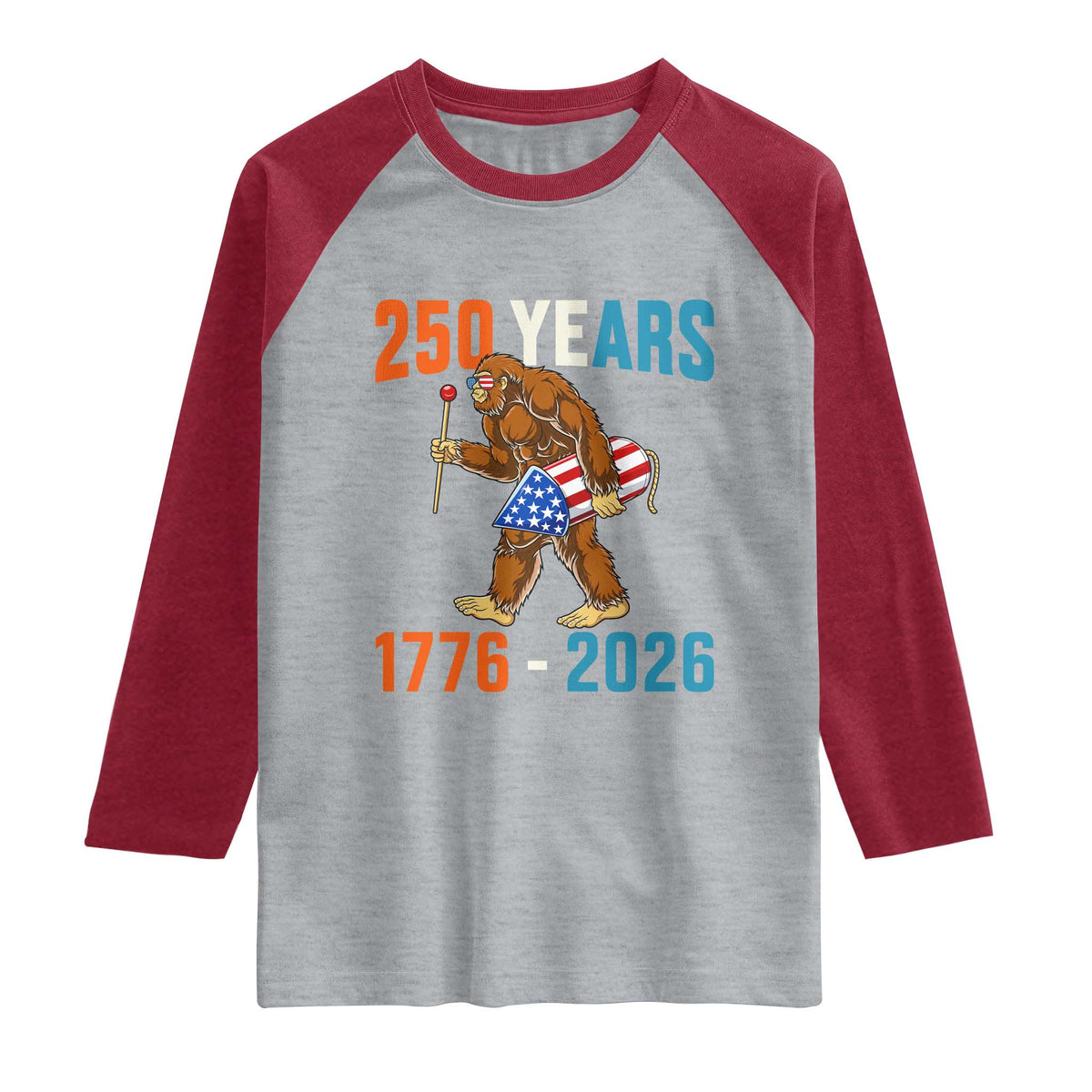 250th Anniversary USA Bigfoot Raglan Shirt Funny Sasquatch American Flag Fireworks Fourth of July TS14 Heather Gray Heather Red Print Your Wear
