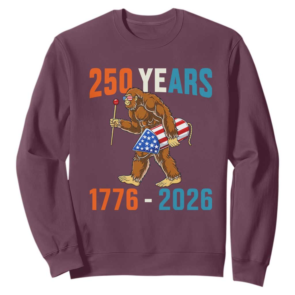 250th Anniversary USA Bigfoot Sweatshirt Funny Sasquatch American Flag Fireworks Fourth of July TS14 Maroon Print Your Wear