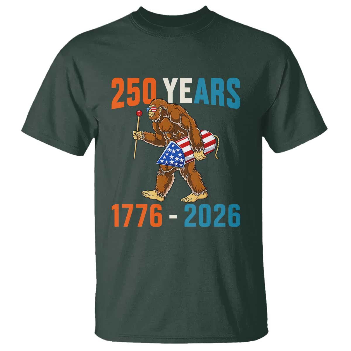 Bigfoot America 250 T Shirt Funny Sasquatch American Flag Fireworks Fourth of July TS14 Dark Forest Green Print Your Wear