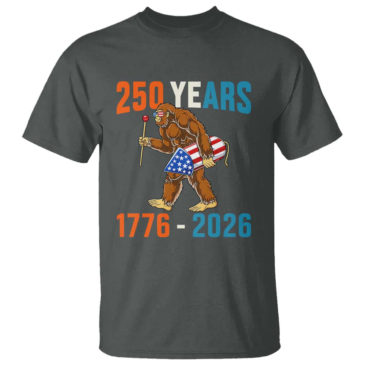 Bigfoot America 250 T Shirt Funny Sasquatch American Flag Fireworks Fourth of July TS14 Dark Heather Print Your Wear