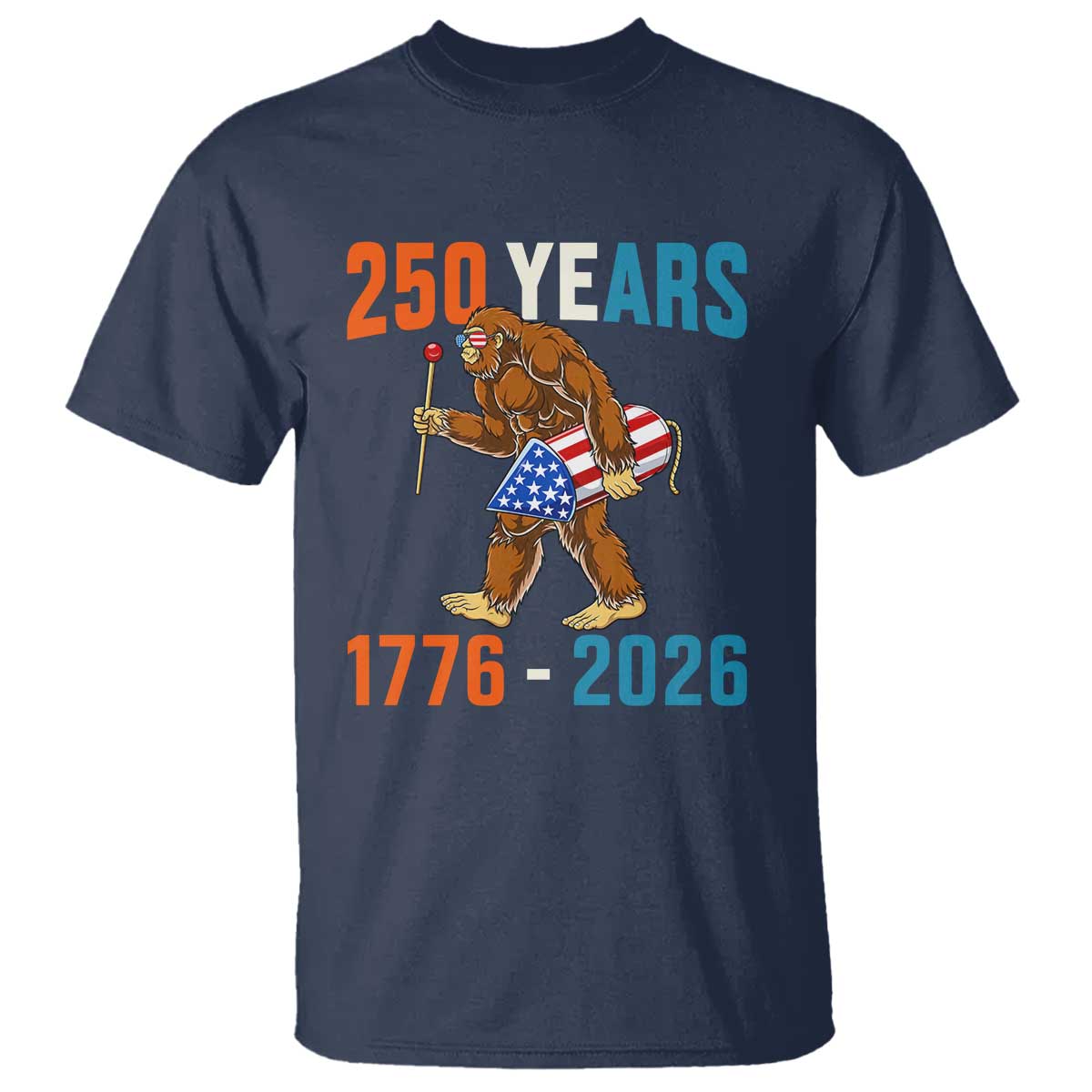 Bigfoot America 250 T Shirt Funny Sasquatch American Flag Fireworks Fourth of July TS14 Navy Print Your Wear