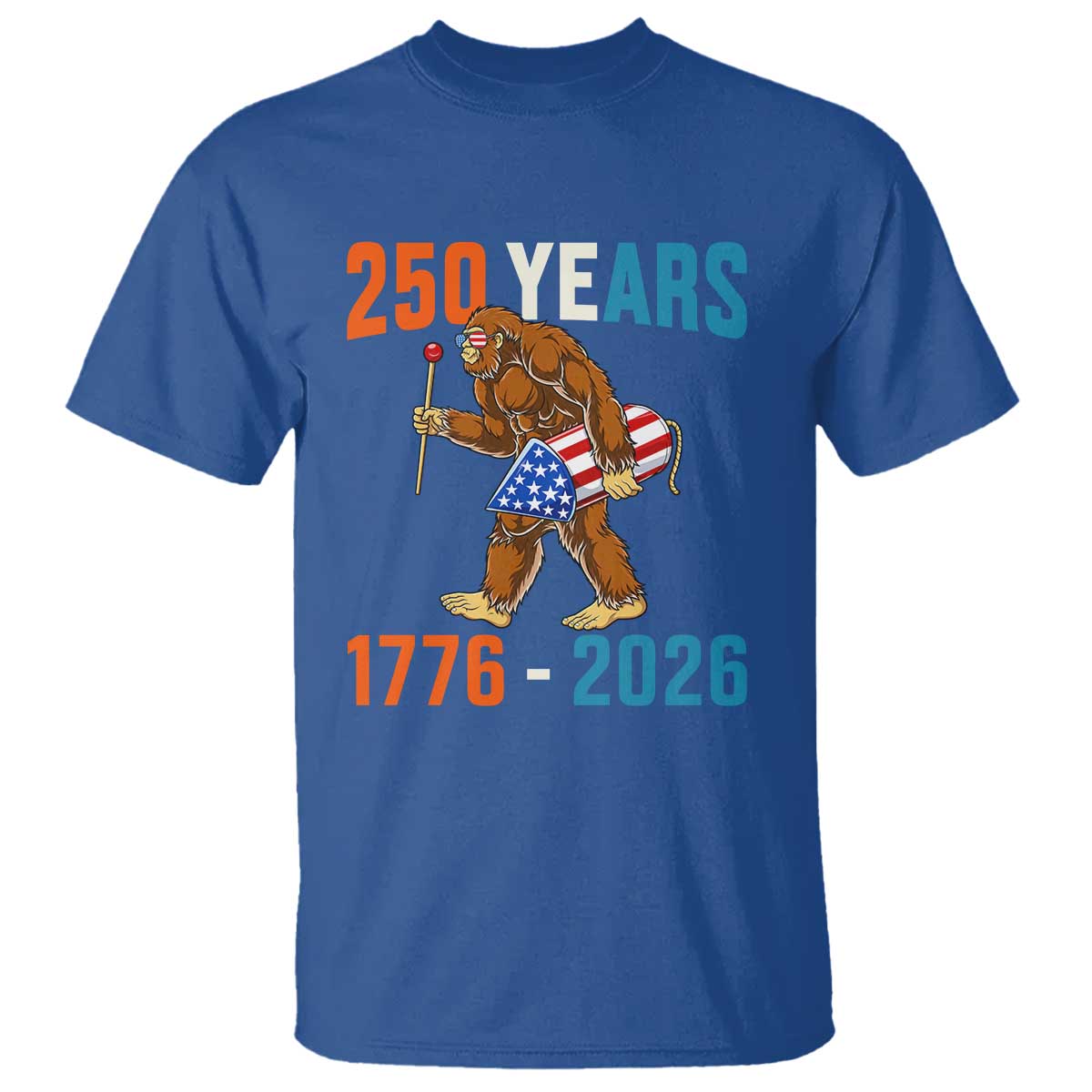 Bigfoot America 250 T Shirt Funny Sasquatch American Flag Fireworks Fourth of July TS14 Royal Blue Print Your Wear
