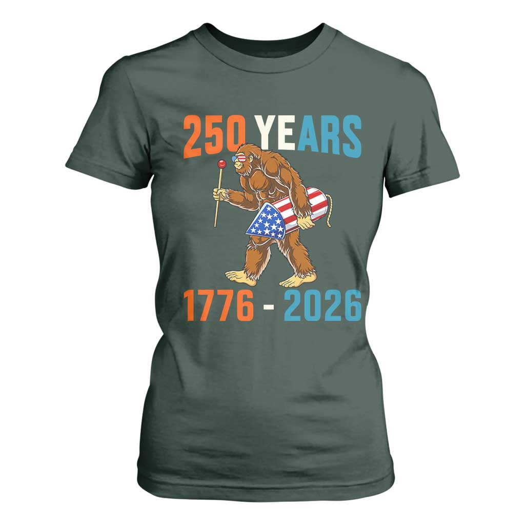 250th Anniversary USA Bigfoot T Shirt For Women Funny Sasquatch American Flag Fireworks Fourth of July TS14 Dark Forest Green Print Your Wear