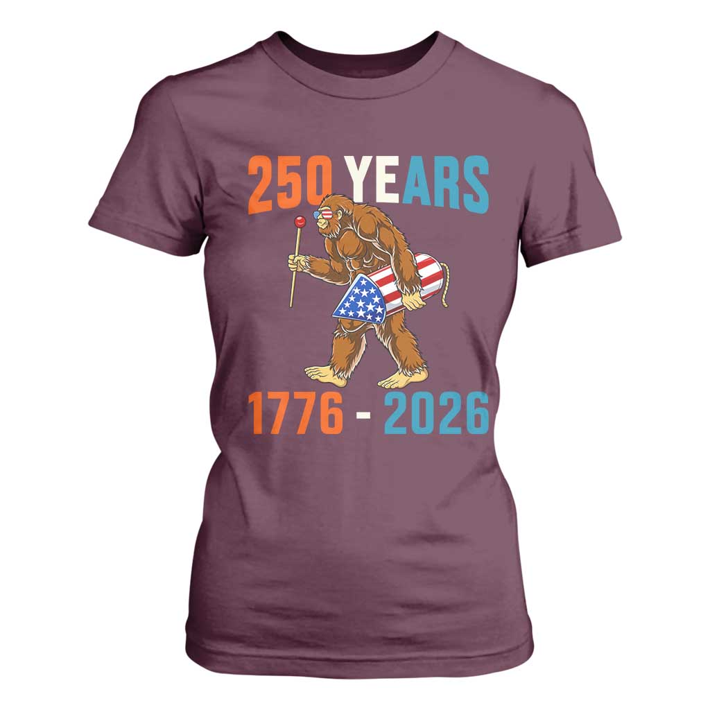 250th Anniversary USA Bigfoot T Shirt For Women Funny Sasquatch American Flag Fireworks Fourth of July TS14 Maroon Print Your Wear