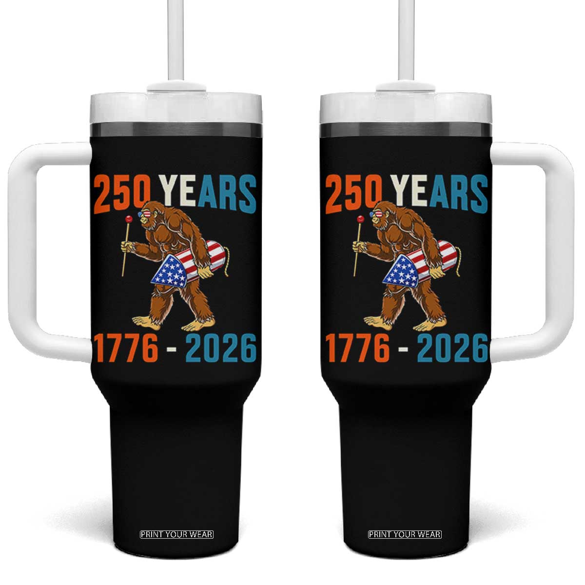 Bigfoot America 250 Tumbler With Handle Funny Sasquatch American Flag Fireworks Fourth of July TS14 One Size: 40 oz Black Print Your Wear