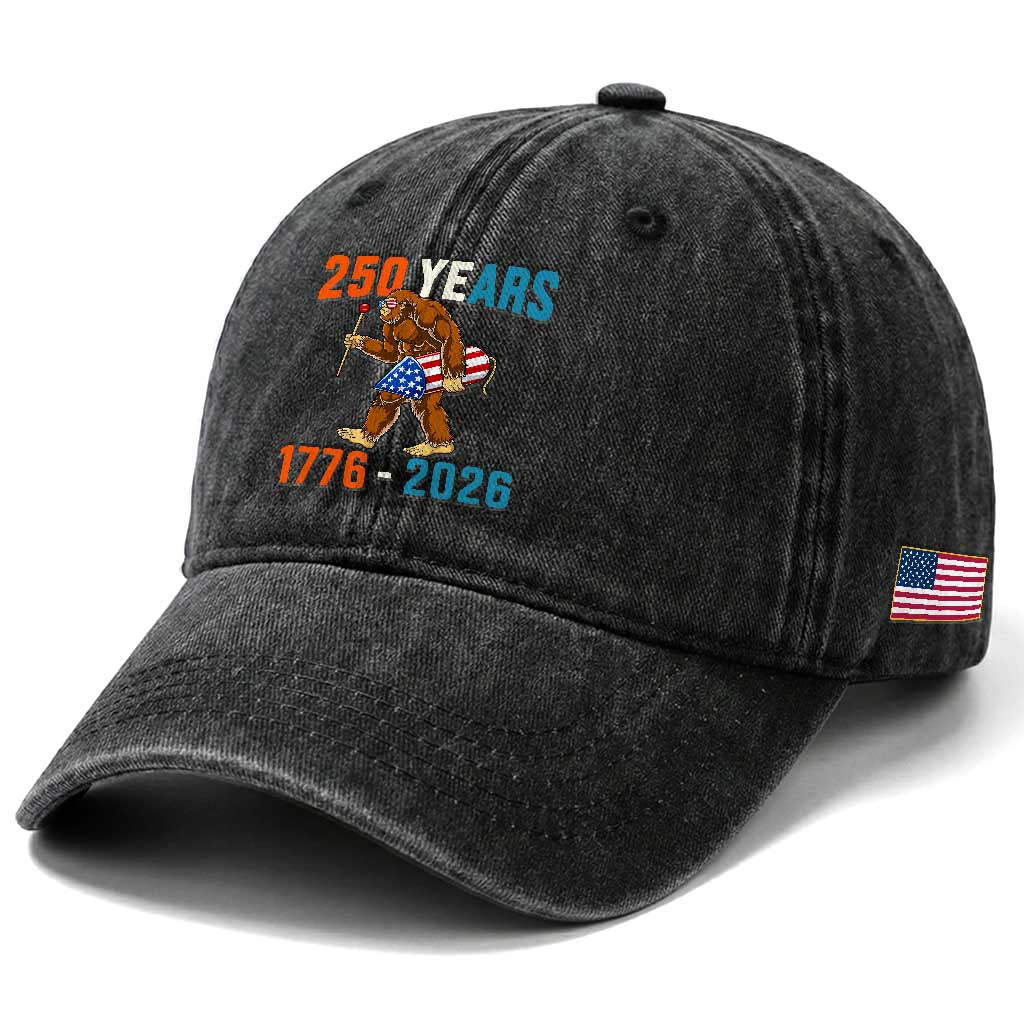 Bigfoot America 250 Washed Cotton Baseball Cap Funny Sasquatch American Flag Fireworks Fourth of July TS14 Print Your Wear