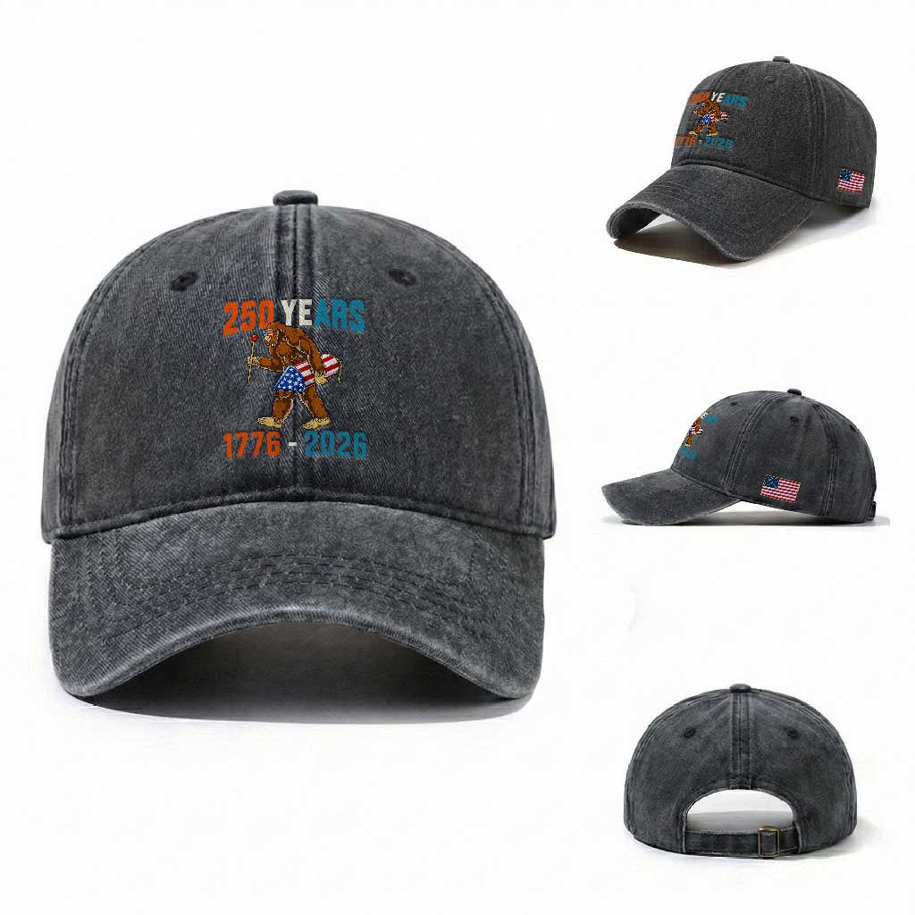 Bigfoot America 250 Washed Cotton Baseball Cap Funny Sasquatch American Flag Fireworks Fourth of July TS14 Washed Cap Universal Fit Dark Gray Print Your Wear