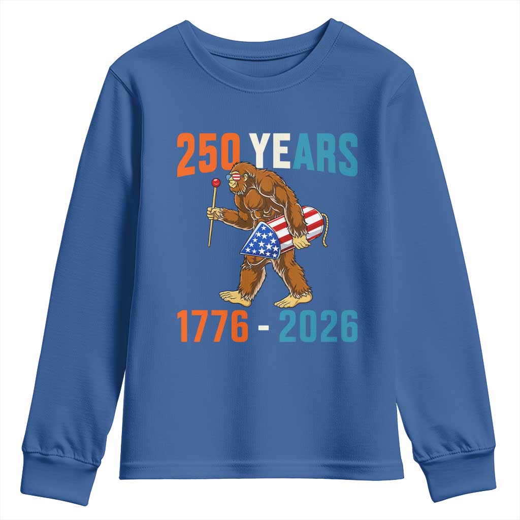 Bigfoot America 250 Youth Sweatshirt Funny Sasquatch American Flag Fireworks Fourth of July TS14 Royal Blue Print Your Wear