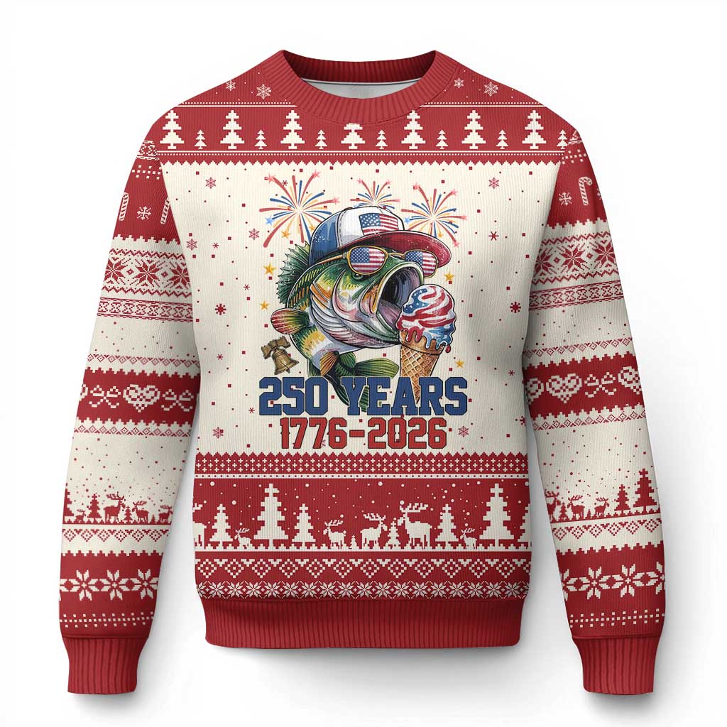 America 250th Fishing Ugly Christmas Sweater Patriotic Bass Fish American Flag TS14 Beige Red Print Your Wear