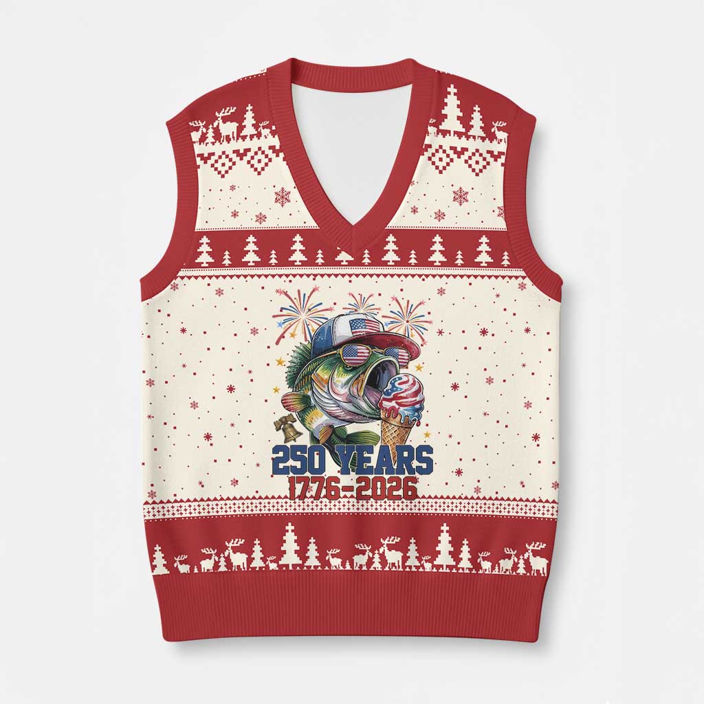 America 250th Fishing V-Neck Knit Sweater Vest Patriotic Bass Fish American Flag TS14 Beige Red Print Your Wear