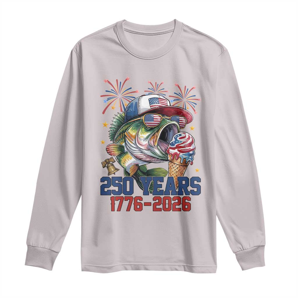 America 250th Fishing Long Sleeve Shirt Patriotic Bass Fish American Flag TS14 Ice Gray Print Your Wear