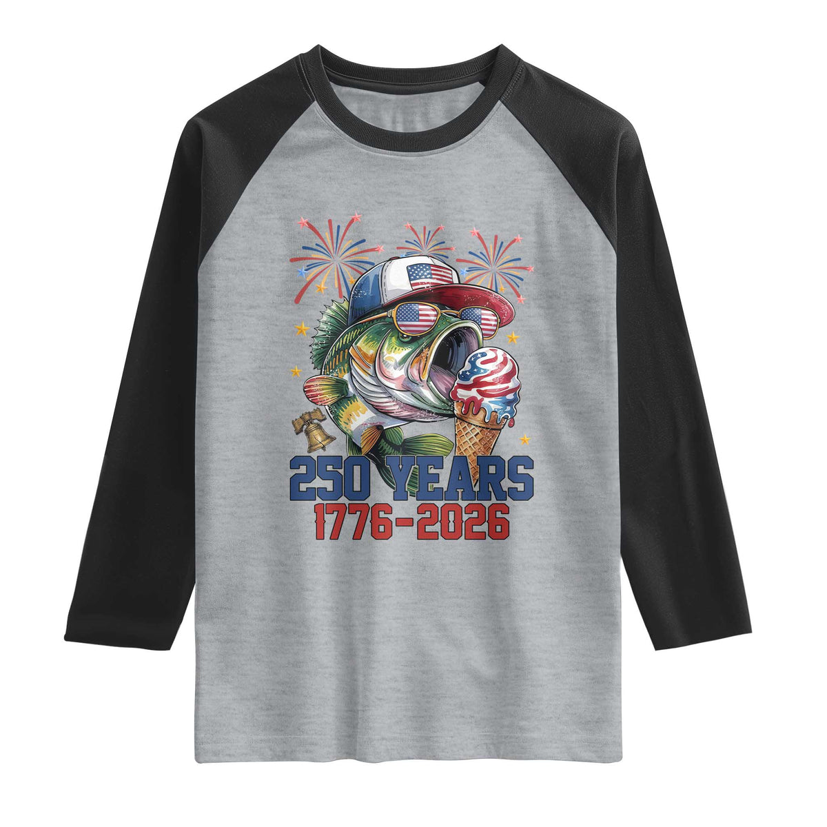 America 250th Fishing Raglan Shirt Patriotic Bass Fish American Flag TS14 Heather Gray Black Print Your Wear