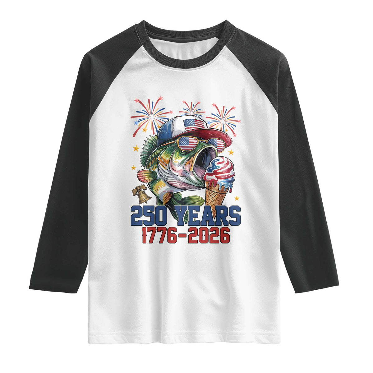 America 250th Fishing Raglan Shirt Patriotic Bass Fish American Flag TS14 White Black Print Your Wear