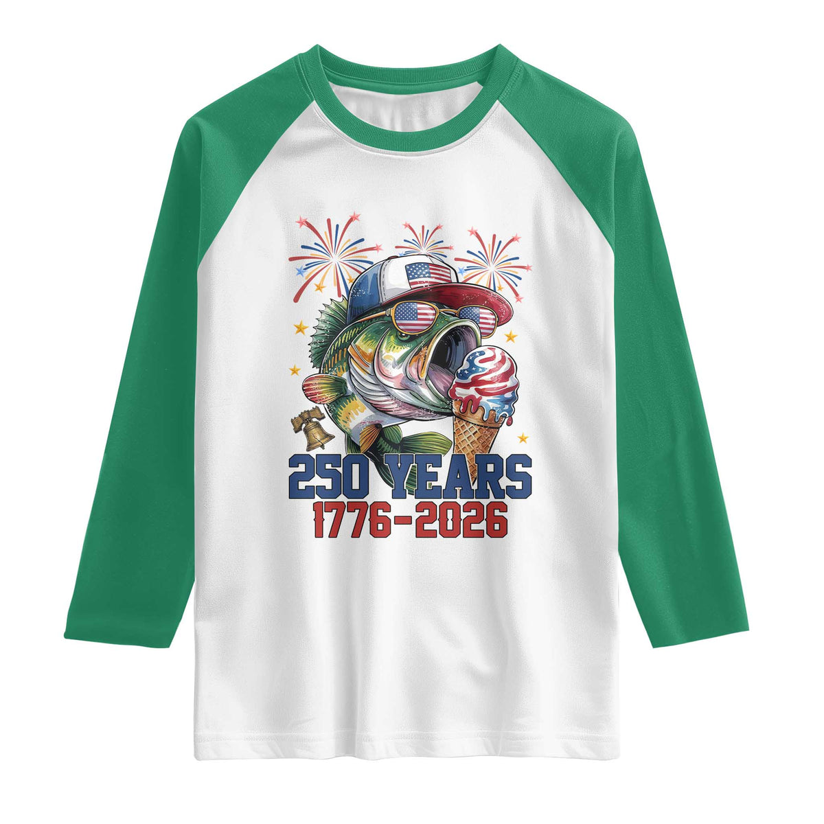 America 250th Fishing Raglan Shirt Patriotic Bass Fish American Flag TS14 White Kelly Green Print Your Wear