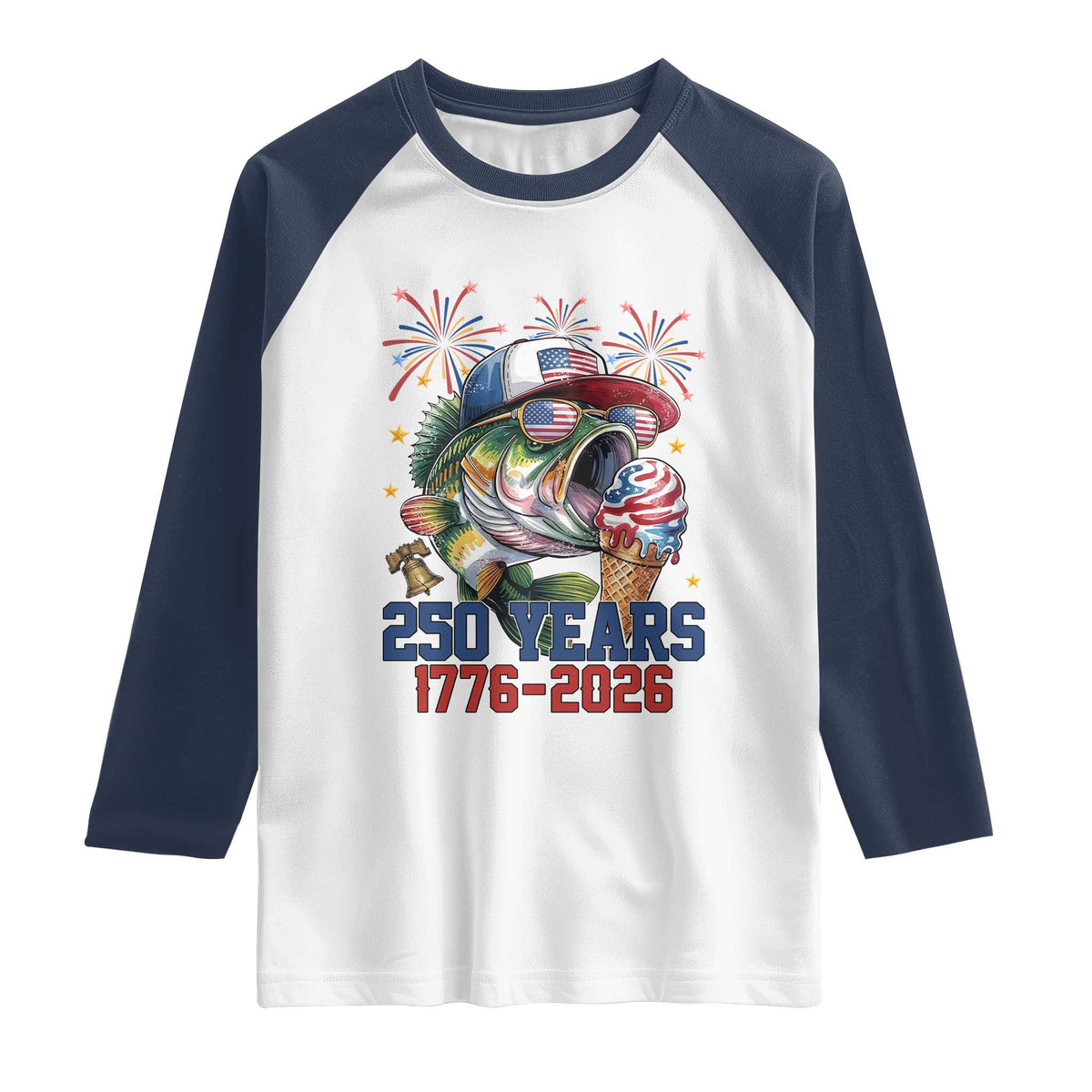 America 250th Fishing Raglan Shirt Patriotic Bass Fish American Flag TS14 White Navy Print Your Wear