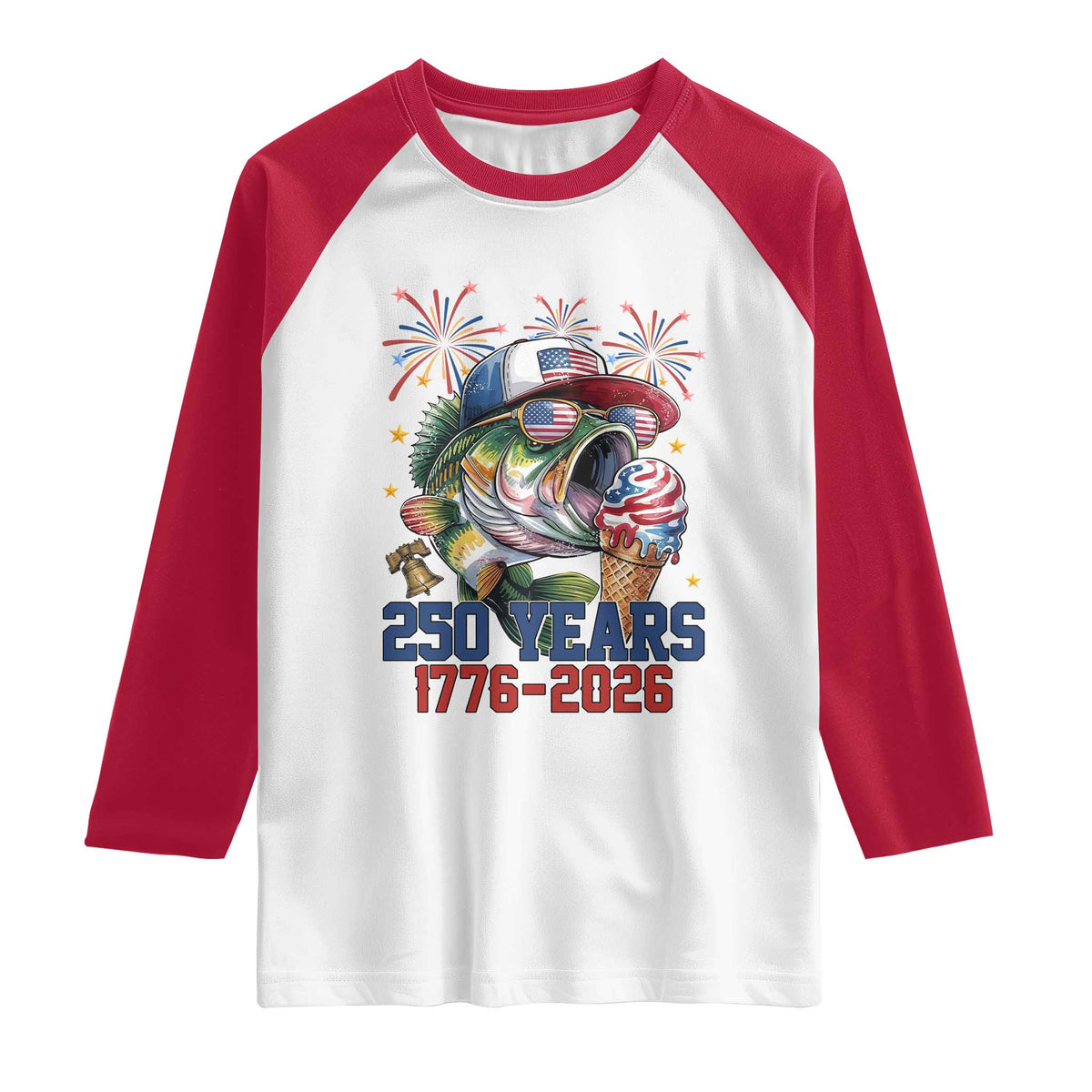 America 250th Fishing Raglan Shirt Patriotic Bass Fish American Flag TS14 White Red Print Your Wear