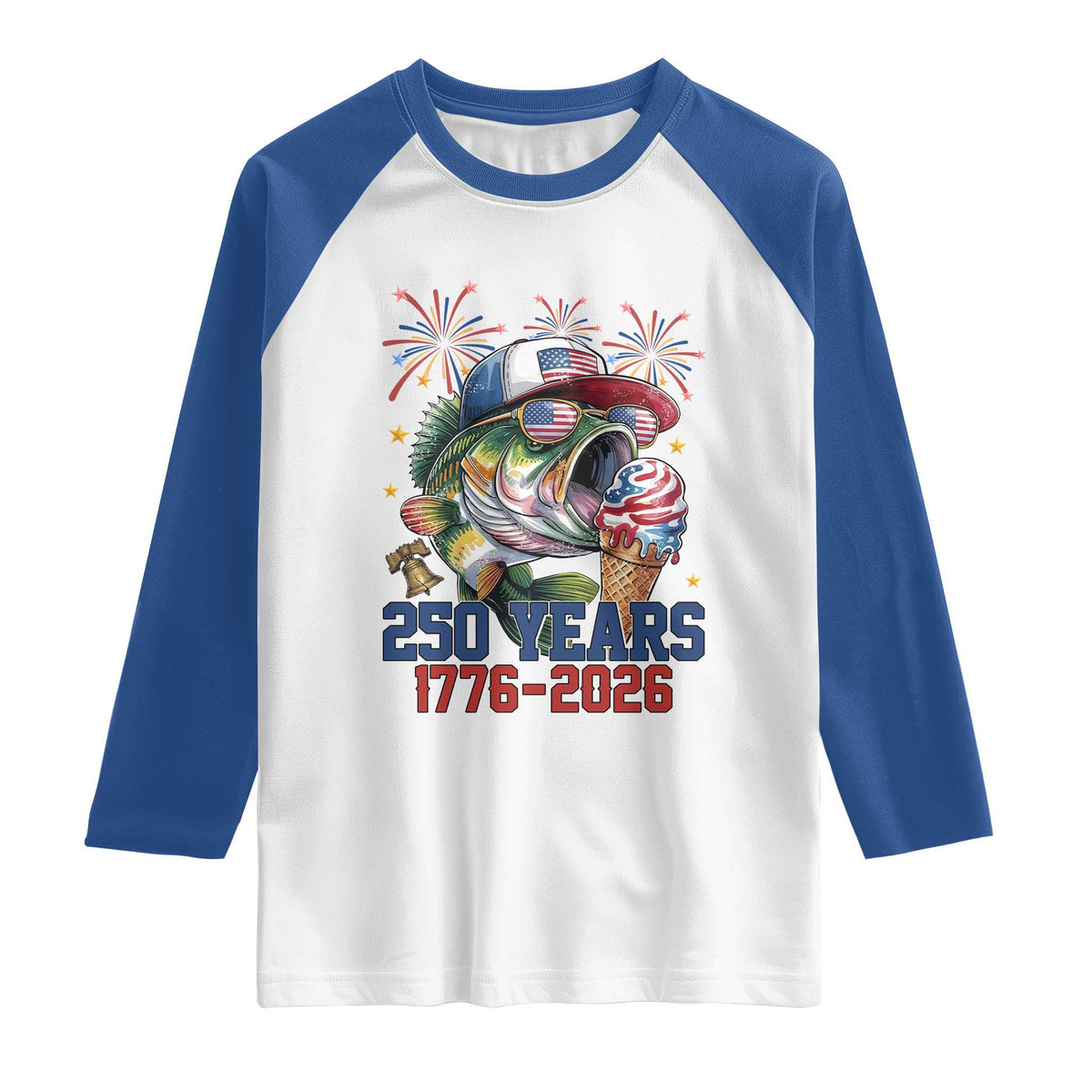 America 250th Fishing Raglan Shirt Patriotic Bass Fish American Flag TS14 White Royal Print Your Wear