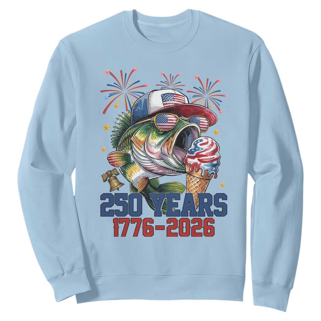 America 250th Fishing Sweatshirt Patriotic Bass Fish American Flag TS14 Light Blue Print Your Wear