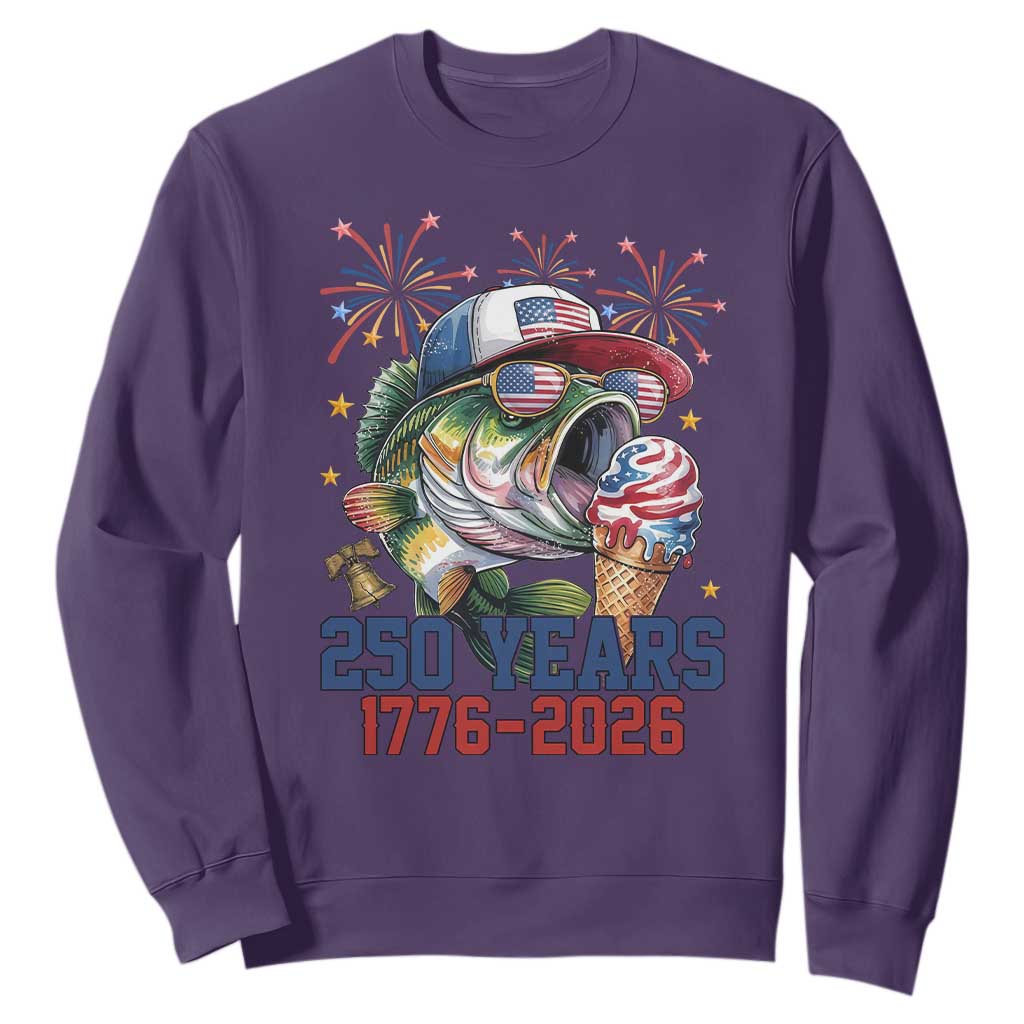 America 250th Fishing Sweatshirt Patriotic Bass Fish American Flag TS14 Purple Print Your Wear