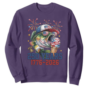 America 250th Fishing Sweatshirt Patriotic Bass Fish American Flag TS14 Purple Print Your Wear