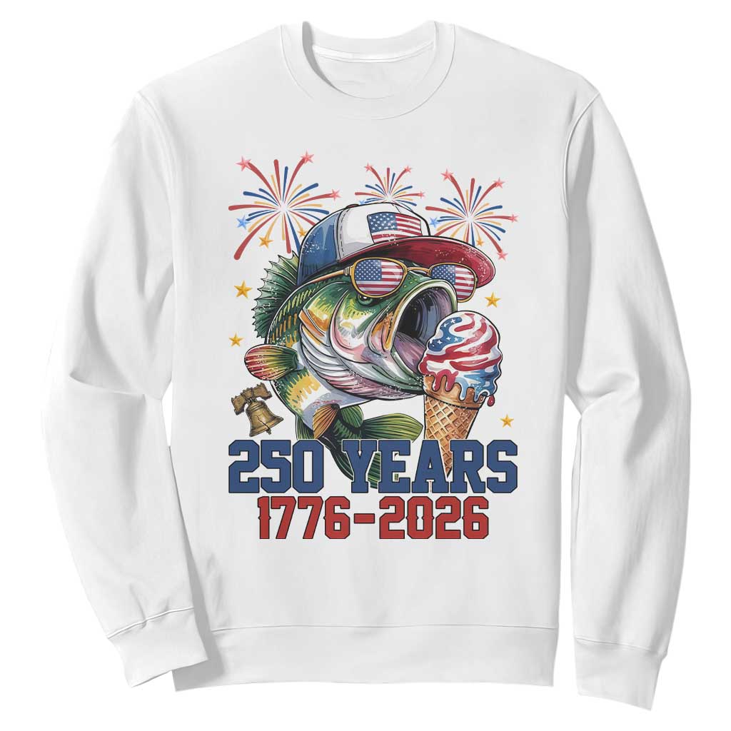 America 250th Fishing Sweatshirt Patriotic Bass Fish American Flag TS14 White Print Your Wear