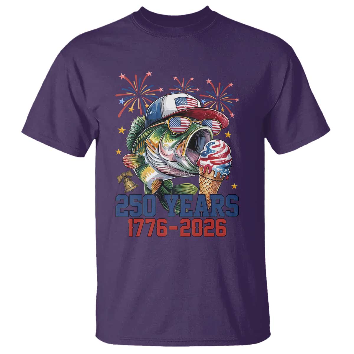 America 250th Fishing T Shirt Patriotic Bass Fish American Flag TS14 Purple Print Your Wear