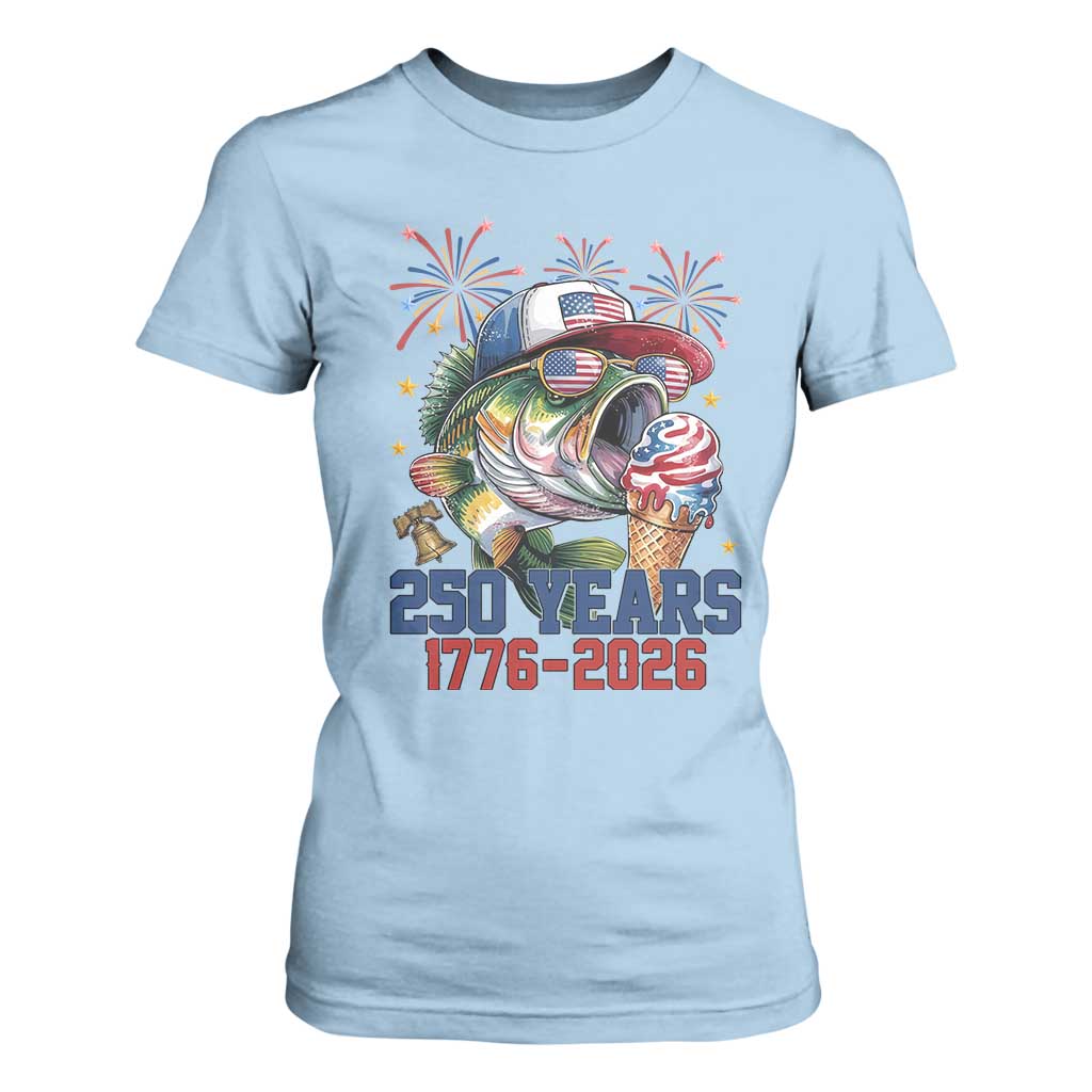 America 250th Fishing T Shirt For Women Patriotic Bass Fish American Flag TS14 Light Blue Print Your Wear