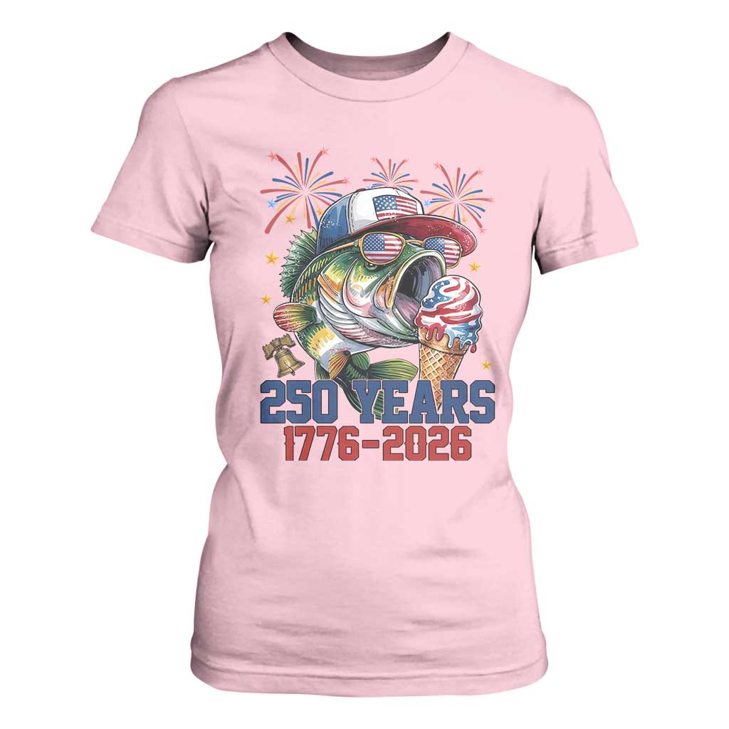 America 250th Fishing T Shirt For Women Patriotic Bass Fish American Flag TS14 Light Pink Print Your Wear