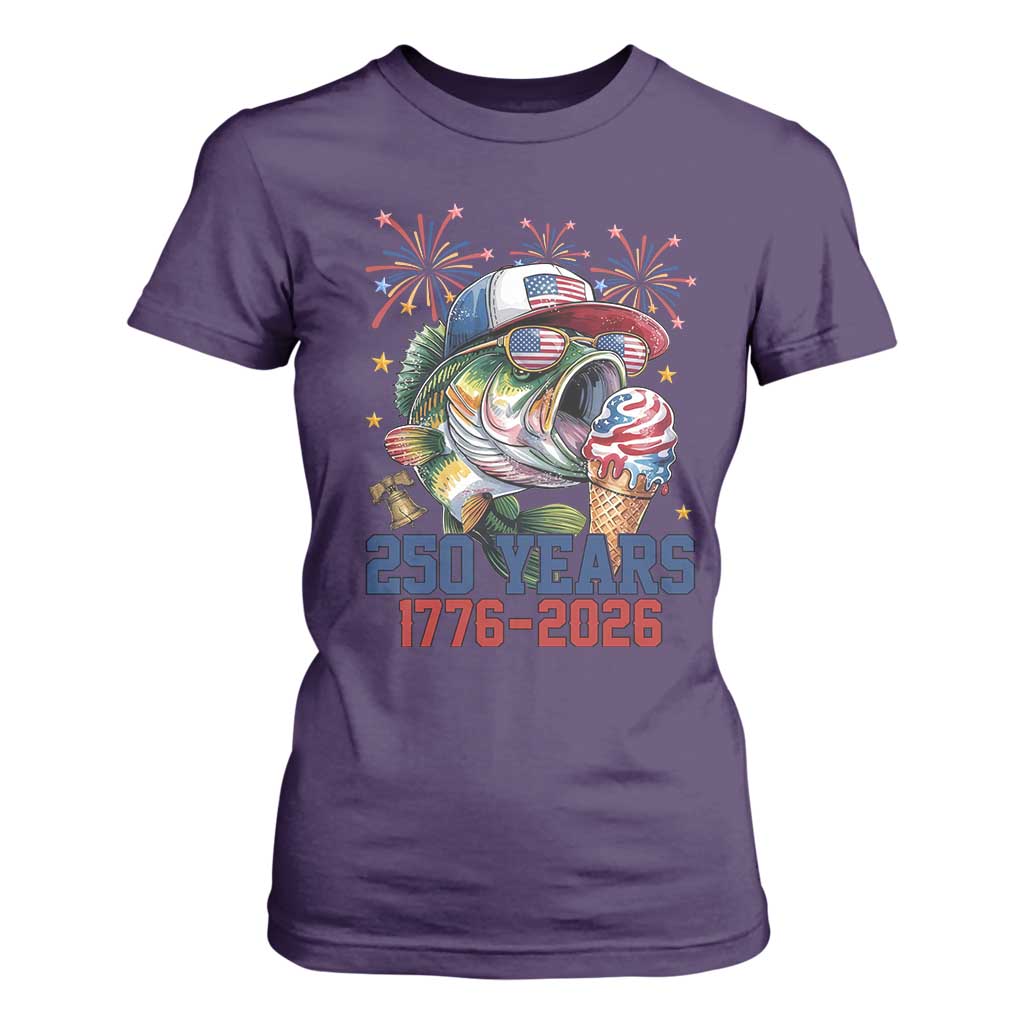 America 250th Fishing T Shirt For Women Patriotic Bass Fish American Flag TS14 Purple Print Your Wear