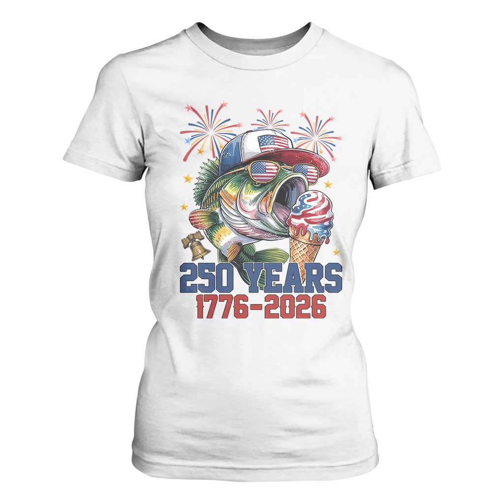 America 250th Fishing T Shirt For Women Patriotic Bass Fish American Flag TS14 White Print Your Wear
