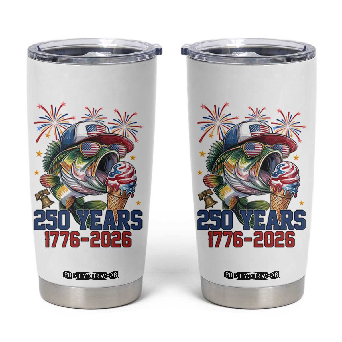 America 250th Fishing Tumbler Cup Patriotic Bass Fish American Flag TS14 White Print Your Wear