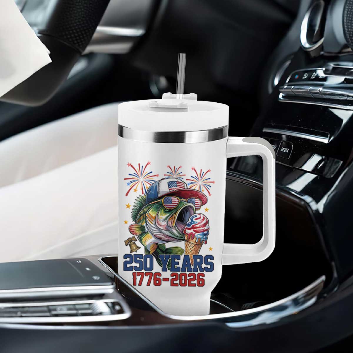 America 250th Fishing Tumbler With Handle Patriotic Bass Fish American Flag TS14 Print Your Wear