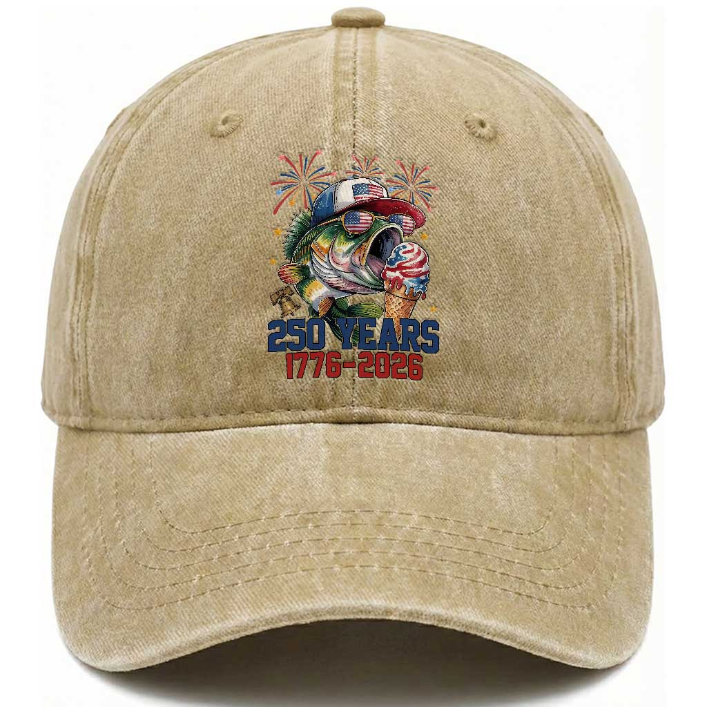 America 250th Fishing Washed Cotton Baseball Cap Patriotic Bass Fish American Flag TS14 Print Your Wear
