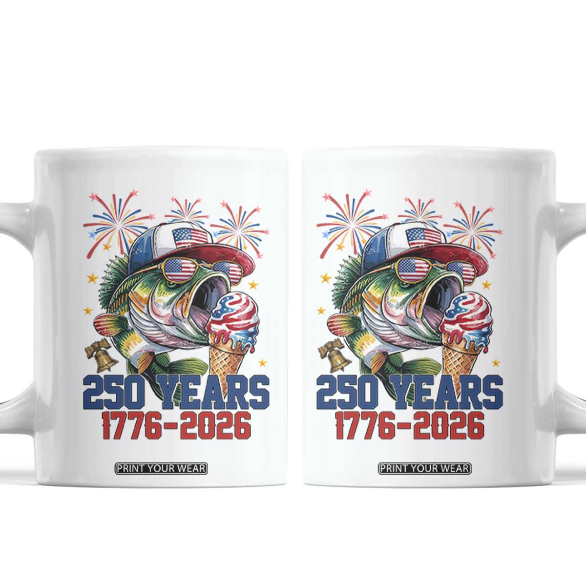 250th Anniversary USA Fishing Coffee Mug Patriotic Bass Fish American Flag TS14 White Print Your Wear