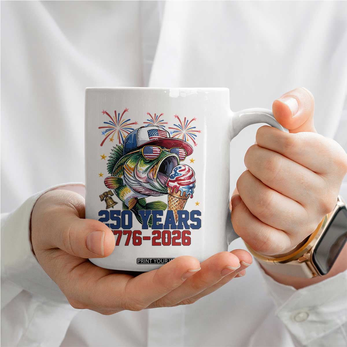 America 250th Fishing Coffee Mug Patriotic Bass Fish American Flag TS14 Print Your Wear
