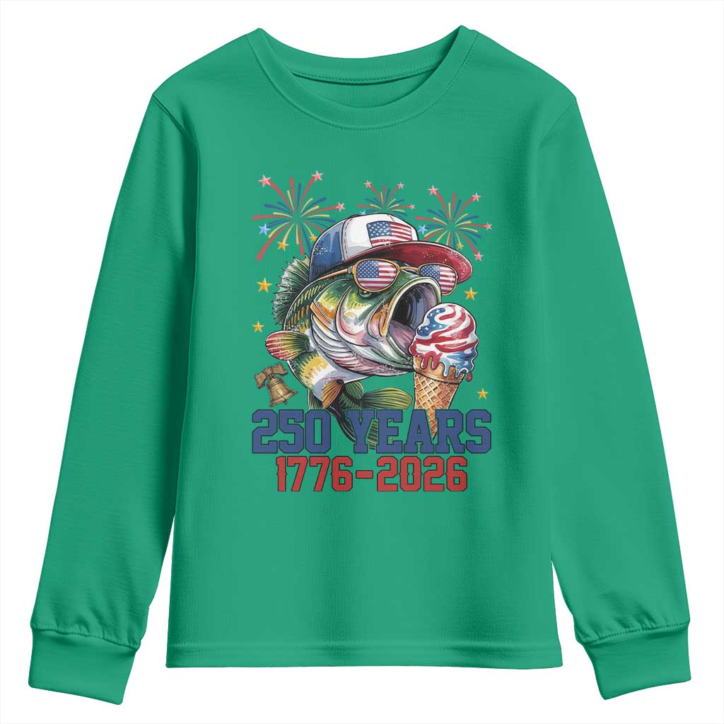 America 250th Fishing Youth Sweatshirt Patriotic Bass Fish American Flag TS14 Irish Green Print Your Wear