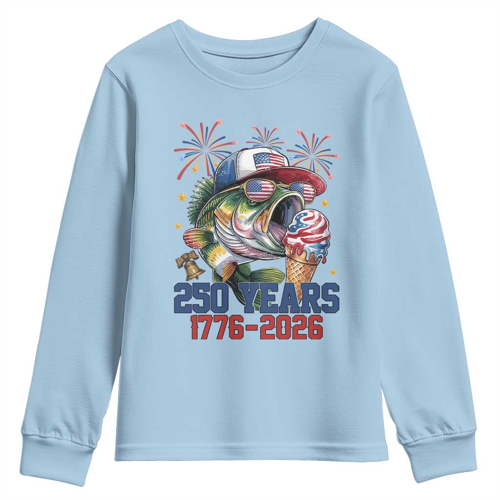 America 250th Fishing Youth Sweatshirt Patriotic Bass Fish American Flag TS14 Light Blue Print Your Wear
