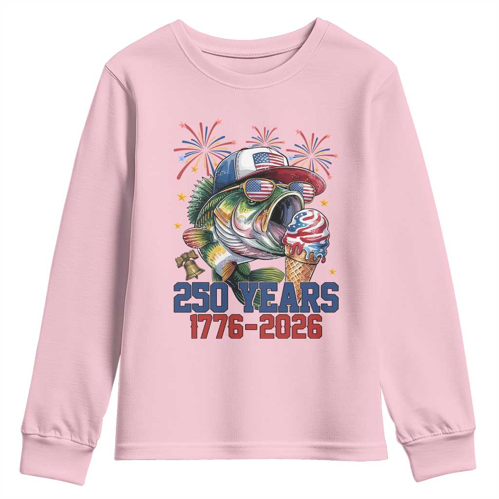 America 250th Fishing Youth Sweatshirt Patriotic Bass Fish American Flag TS14 Light Pink Print Your Wear