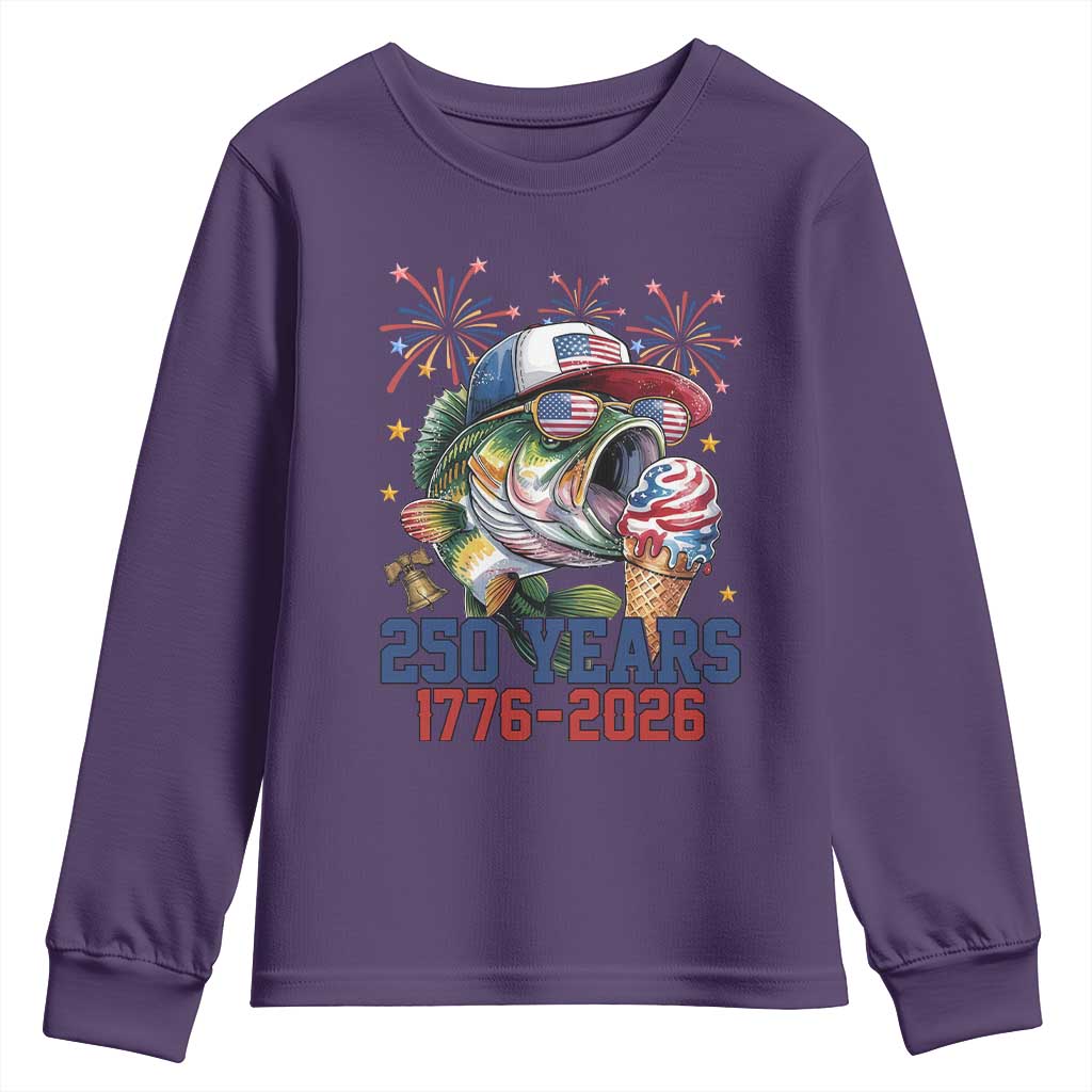 America 250th Fishing Youth Sweatshirt Patriotic Bass Fish American Flag TS14 Purple Print Your Wear